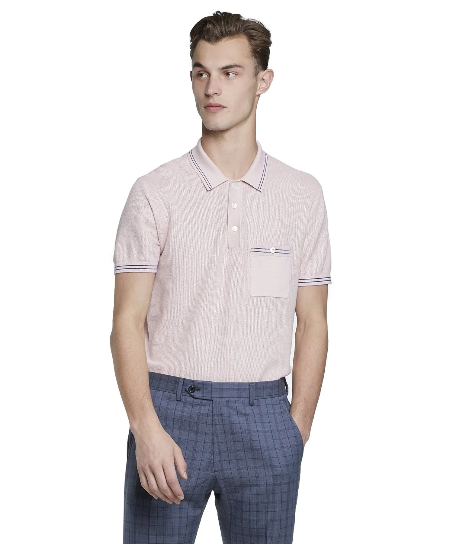 Tipped Cotton Silk Micro Mesh Tipped Polo in Pink