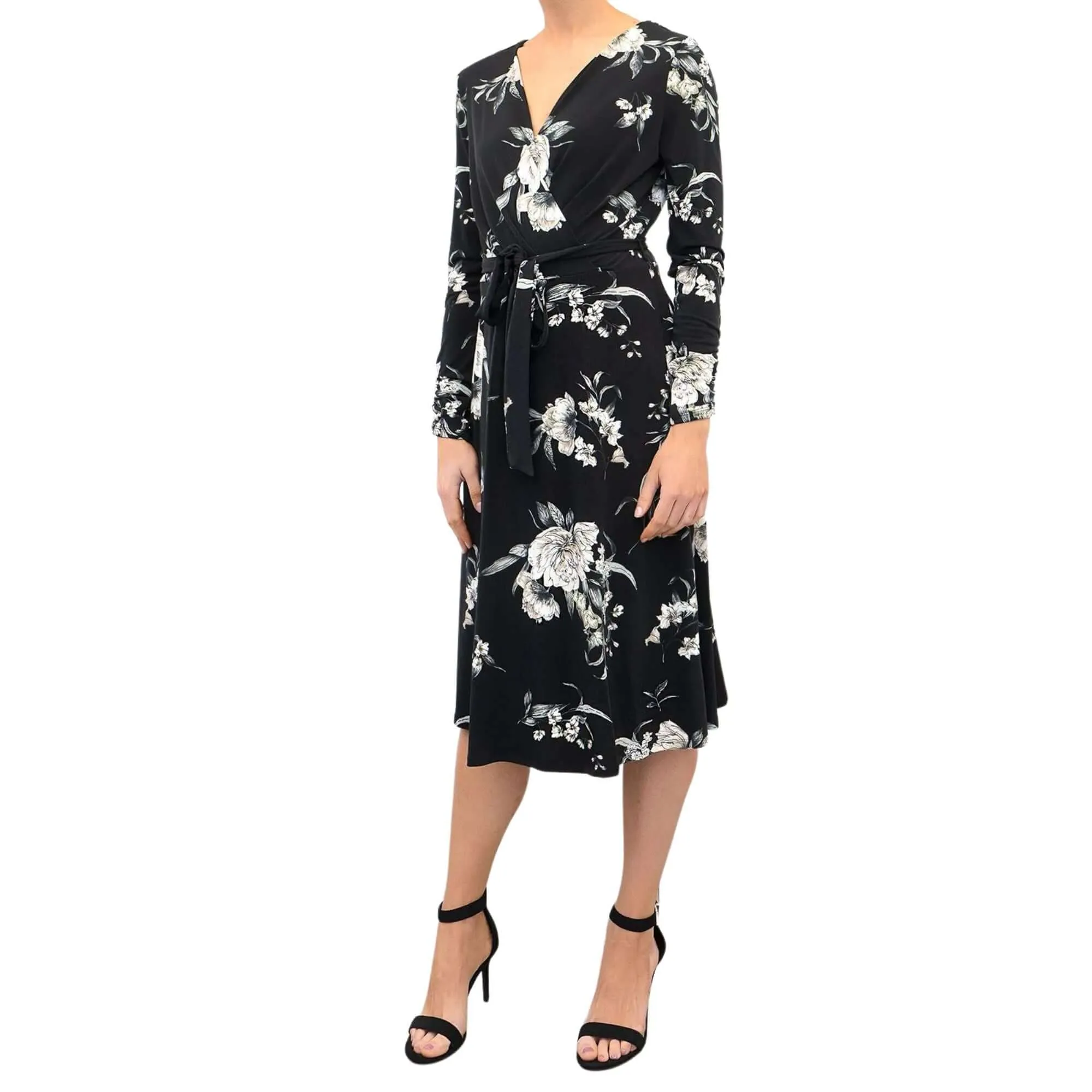 Wallis Elegant Black Floral Wrap Over Midi Dress, Size 10