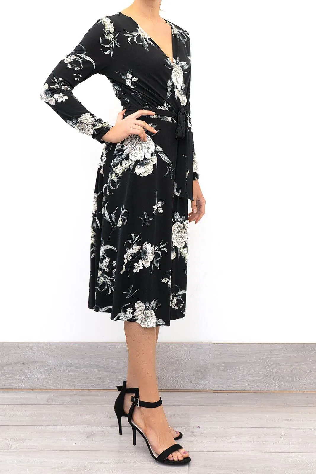 Wallis Elegant Black Floral Wrap Over Midi Dress, Size 10