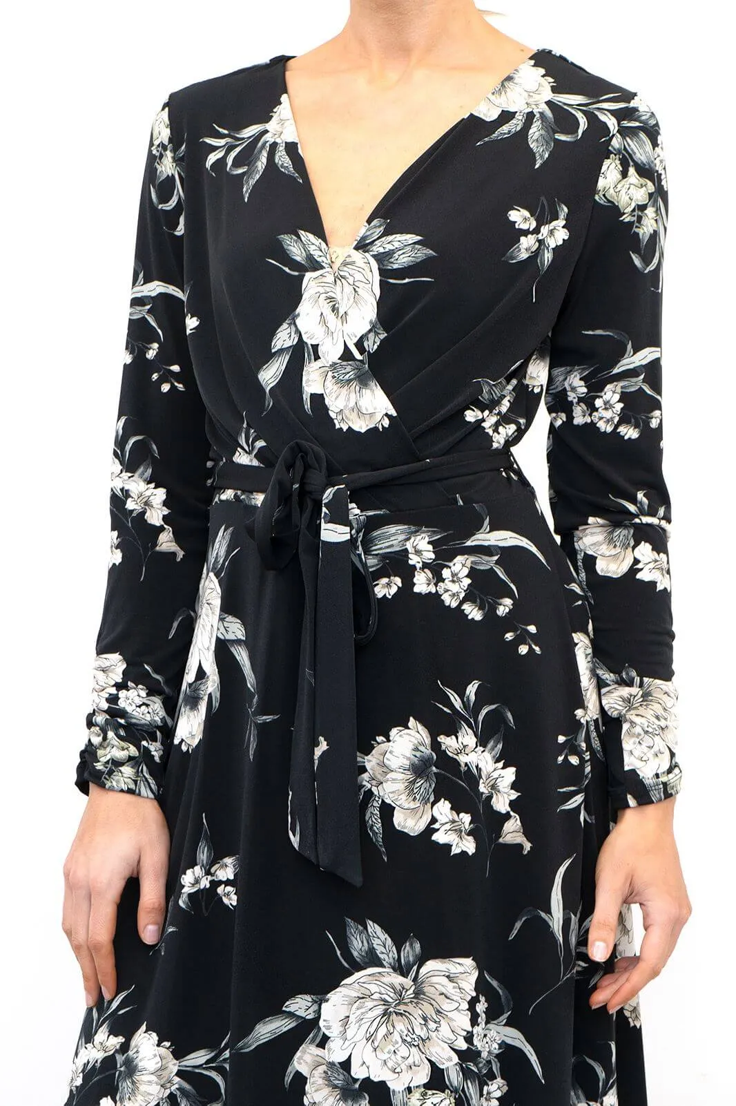 Wallis Elegant Black Floral Wrap Over Midi Dress, Size 10