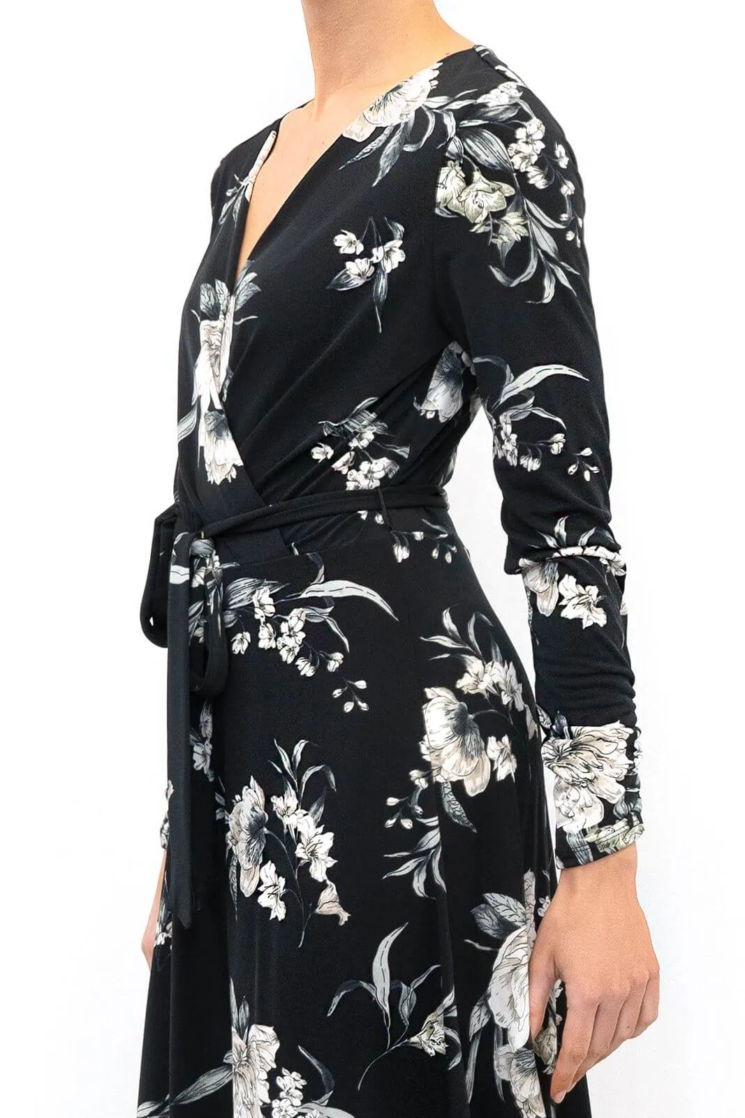 Wallis Elegant Black Floral Wrap Over Midi Dress, Size 10