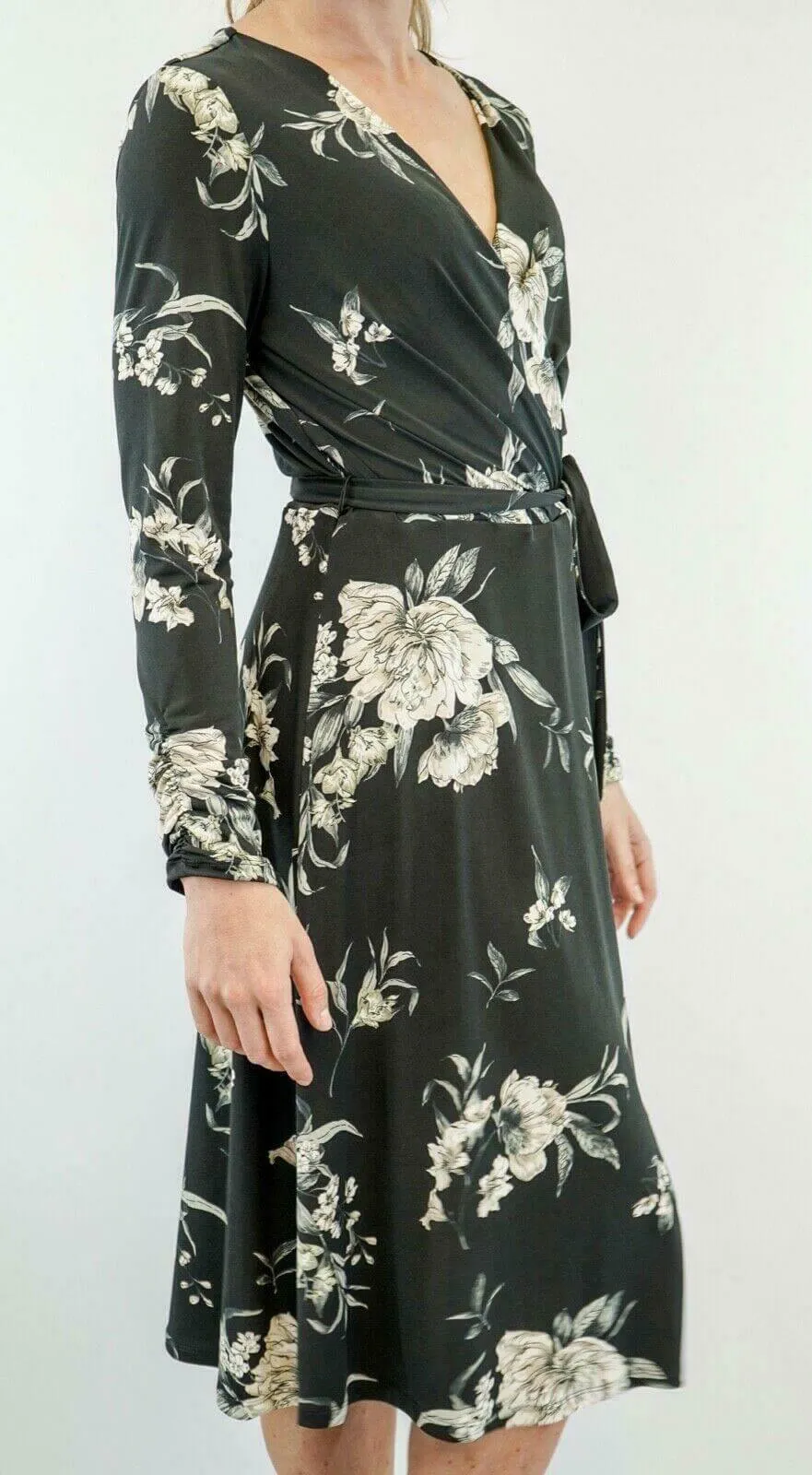 Wallis Elegant Black Floral Wrap Over Midi Dress, Size 10