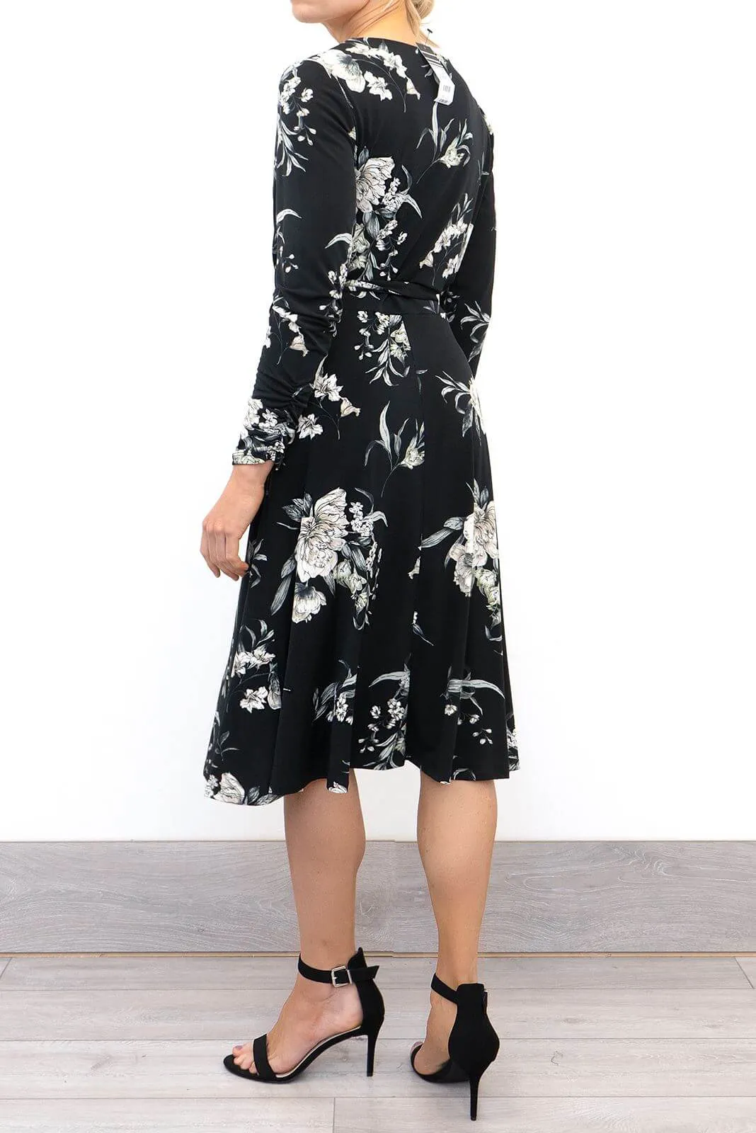 Wallis Elegant Black Floral Wrap Over Midi Dress, Size 10