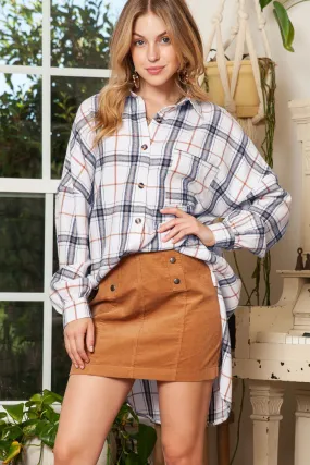 White Plaid Slits Bishop Sleeve Oversized Shacket