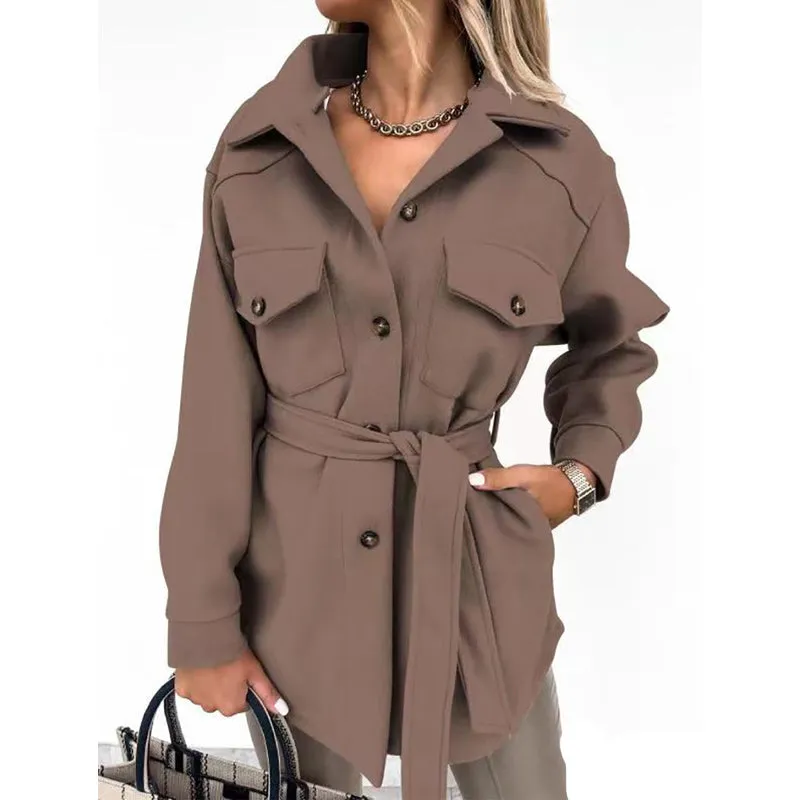 Women Fashion Slit Neck Casual Woolen Coats