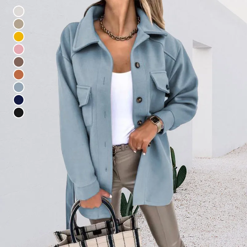 Women Fashion Slit Neck Casual Woolen Coats