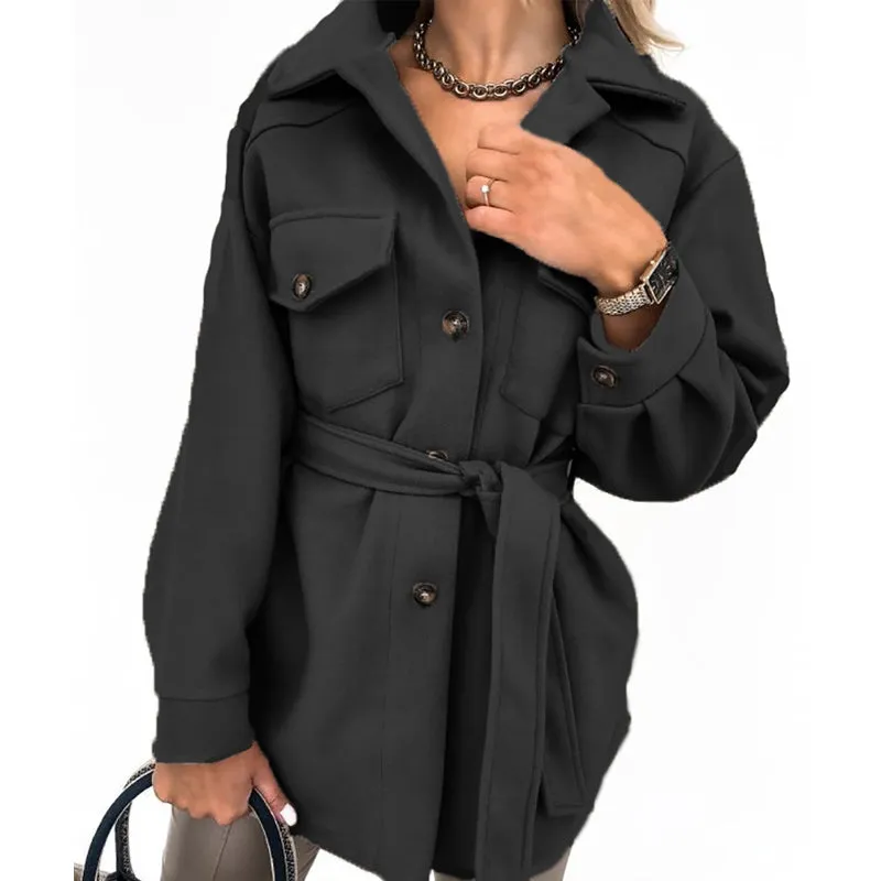 Women Fashion Slit Neck Casual Woolen Coats