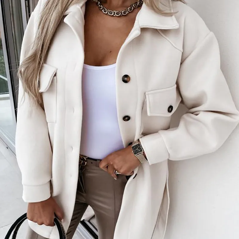 Women Fashion Slit Neck Casual Woolen Coats