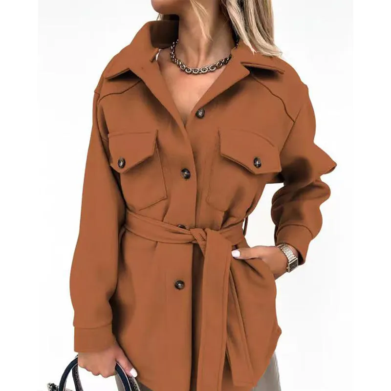 Women Fashion Slit Neck Casual Woolen Coats