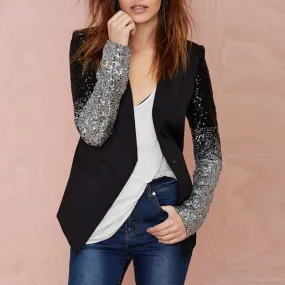 Women Thin Jacket Coat 2018 Spring Autumn Long Sleeve Lapel Fashion Bling Silver Black Sequin Elegant Work Blazers Suit feminino