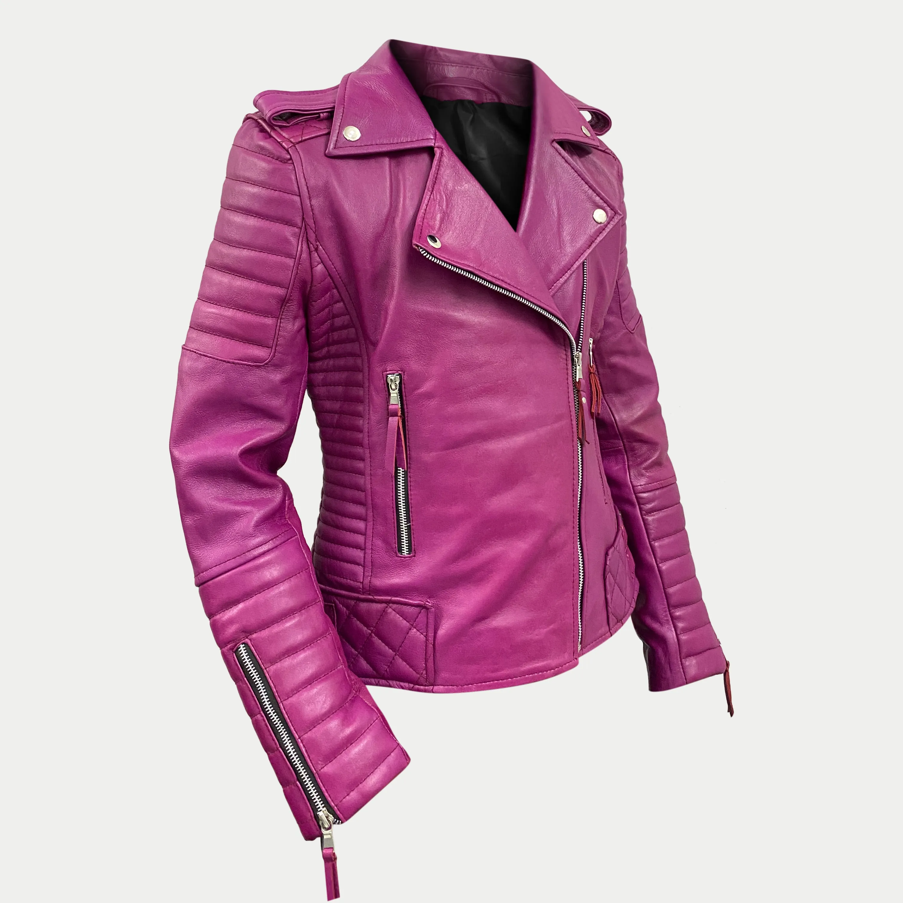 Women's Pink Padded Motorcycle Genuine Leather Biker Jacket