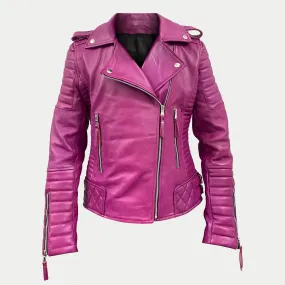 Women's Pink Padded Motorcycle Genuine Leather Biker Jacket